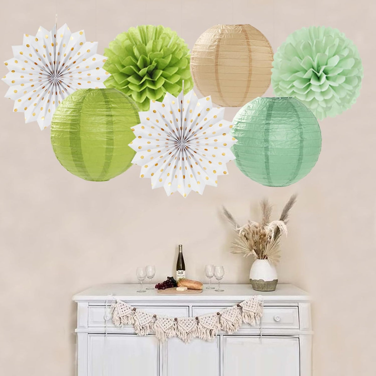 Olive-Sage Green-Boho Party-Decorations Streamers-Lanterns - 14pcs Baby Bridal Shower Wedding Paper Fan, Eucalyptus Wild Safari Jungle Birthday Tissue Pom Poms, Honeycomb Balls Decor Lasting Surprise