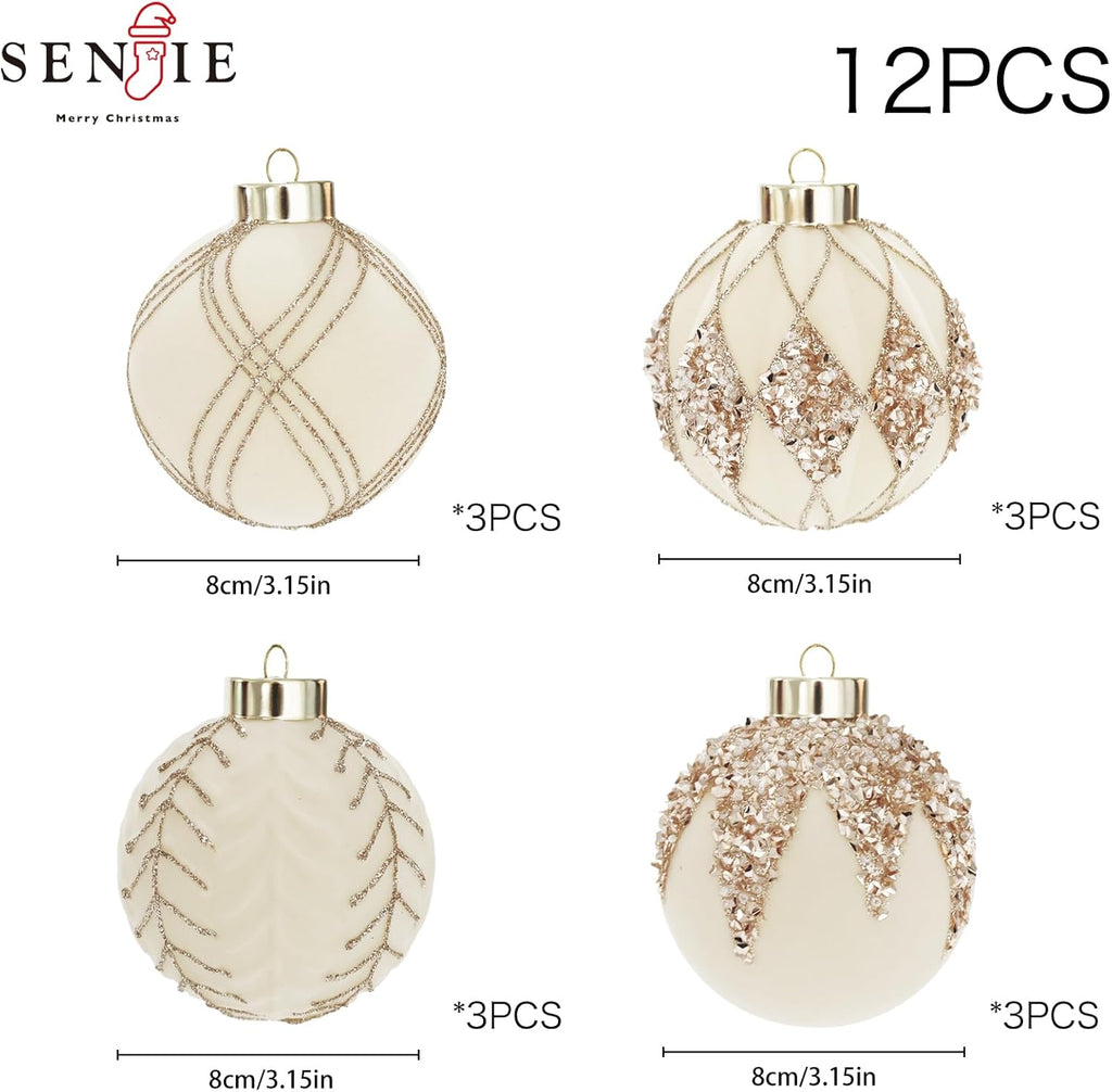 3.15INCH Beige Velvet Ornaments for Christmas Tree, 12PCS Glitter Flocked Christmas Ornaments Decorations Balls Set Decor