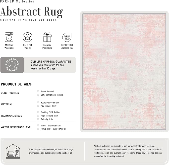 3x14 Washable Runner Rug：Modern Abstract Soft Carpet Pink White | - Image 3
