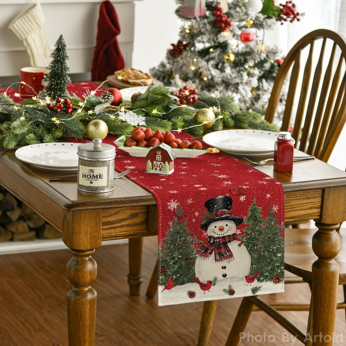 Artoid Mode Snowman Christmas Birds Trees Table Runner, Seasonal Winter Xmas Holiday Kitchen Dining Table Decoration for Indoor Outdoor Home Party Decor 13 x 48 Inch