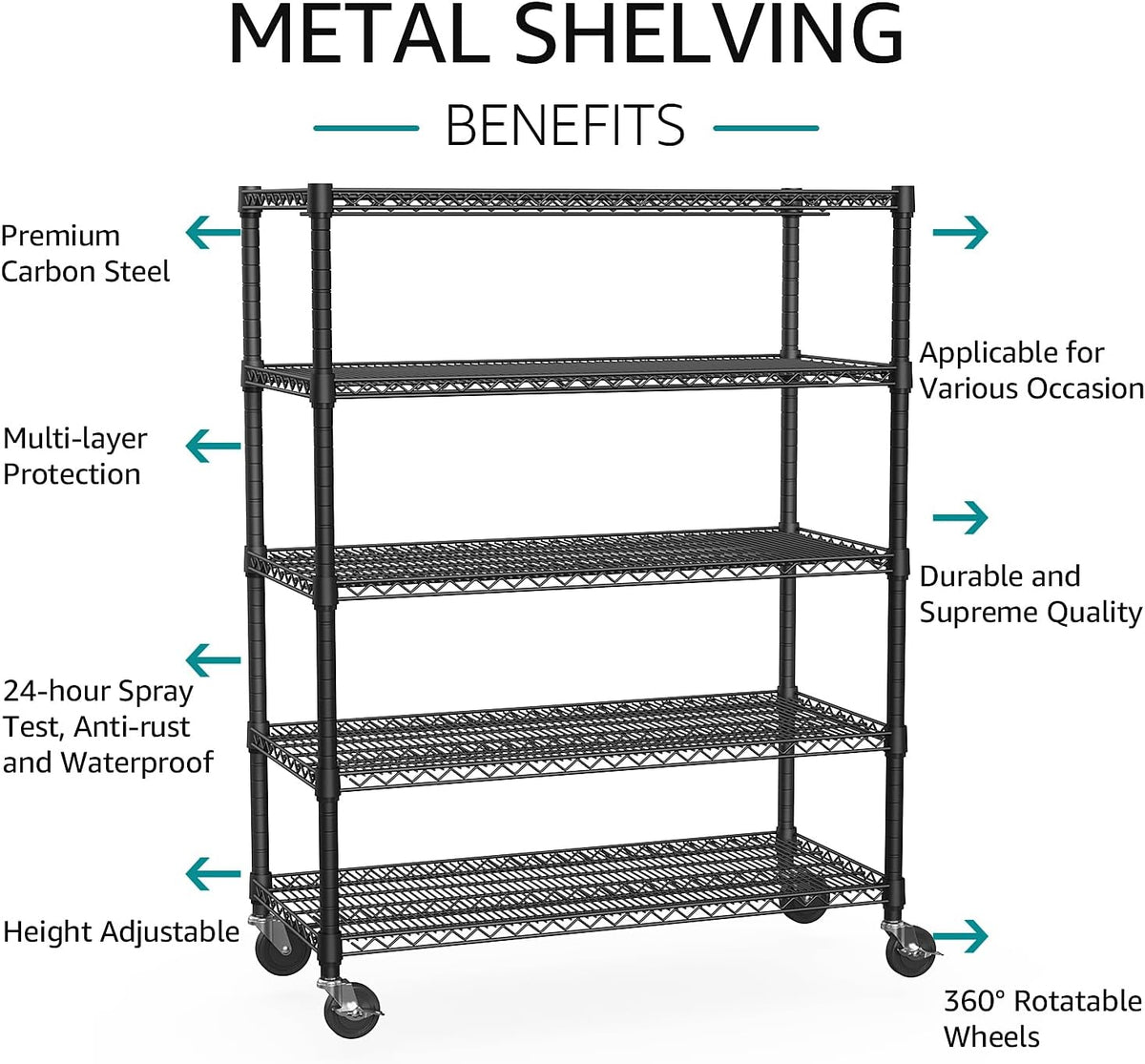 IZEUK Garage Shelving Wide Storage Shelves 5 Tier Metal Shelves 4000 LBS Heavy Duty Adjustable Utility Shelf Rack Black 23.6" D x 53.1" W x 73.6" H