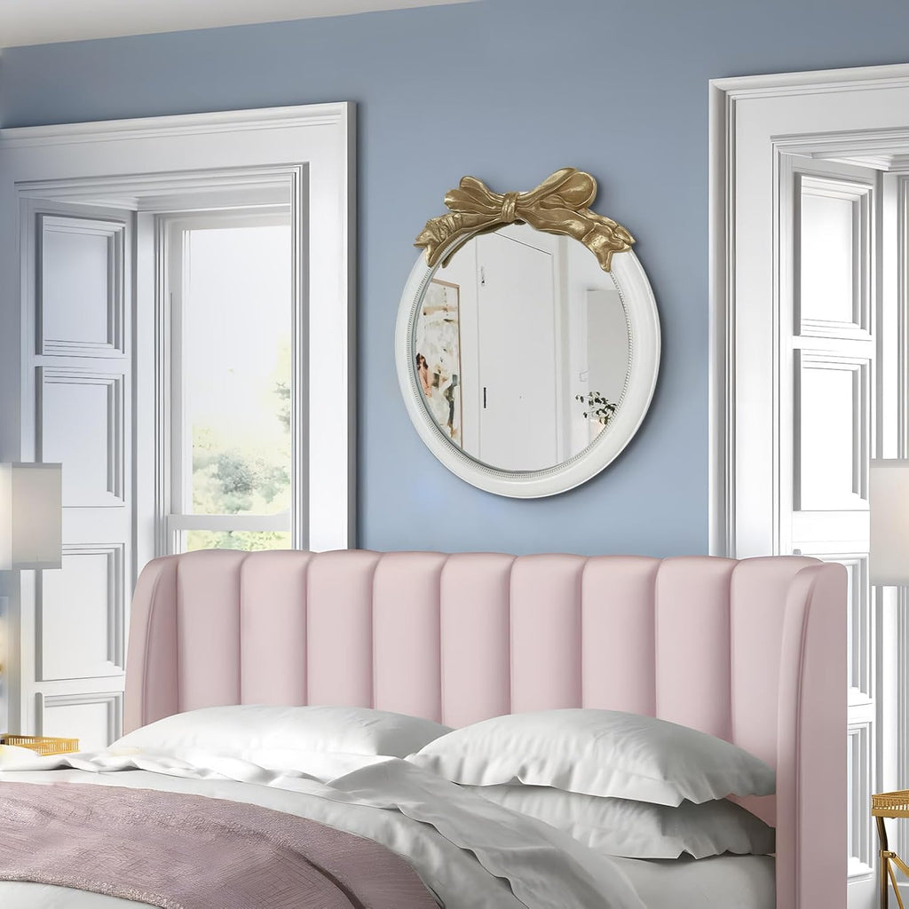 26x26 inch Bow Antique Mirrors for Wall, Round White and Gold Decorative Wall Mounted Mirror, Circle Antique Mirrors Suitable for Bedroom, Hallway, Living Room Decoration, Bathroom Sink