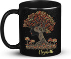Custom Name Coffee Mug 11oz 15oz, Unique Nature Inspired Coffee Cup for Women, Personalized Vibrant Nature Themed Black Cup, Artistic Tree Ceramic Mug, Gifts for Women's Day