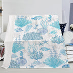 Blue Ocean Beach Throw Blanket Nautical Coastal Bed Blanket Starfish Seashell Coral Blankets Super Soft Flannel Fleece Throw Blanket for Couch Bed Decor “60 x80”