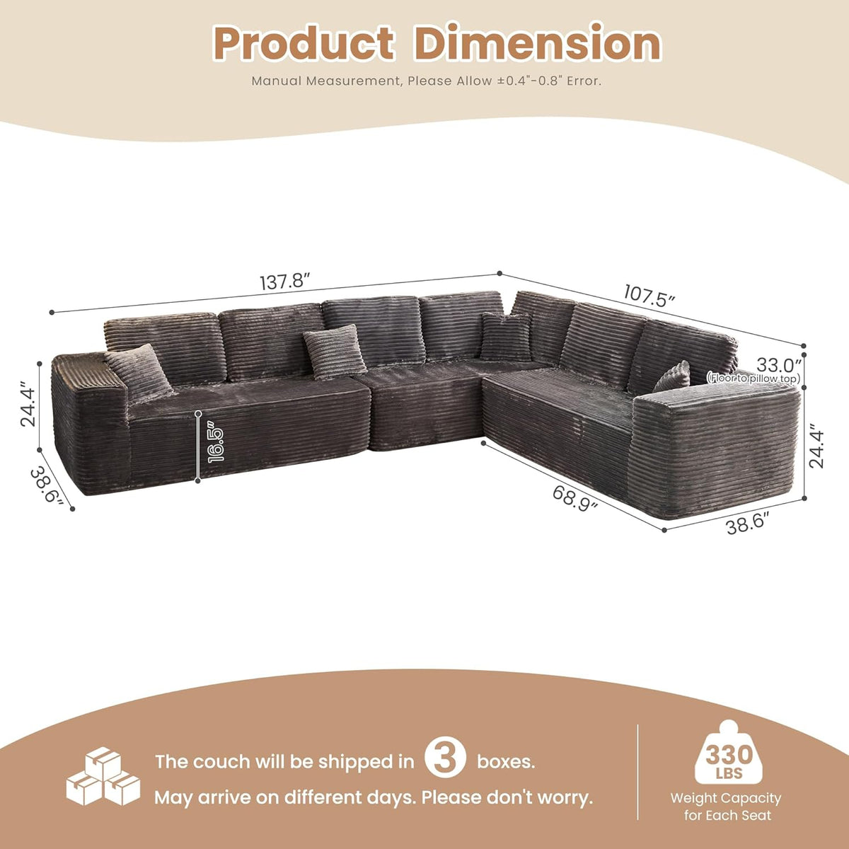 HOOOWOOO Cloud Sectional Couches for Living Room,Modular Sectional Sofa No Assembly,138X108 Inch Plush Corduroy Large L Shaped Floor Couch Set with Deep Seat(Gray)