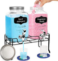 2-Pack 1 Gallon Glass Laundry Detergent Dispenser Set with Bamboo Lids and Stand - Liquid Soap and Fabric Softener Dispensers with Spigots, Cups, Labels and Mats, Laundry Room Organization and Storage