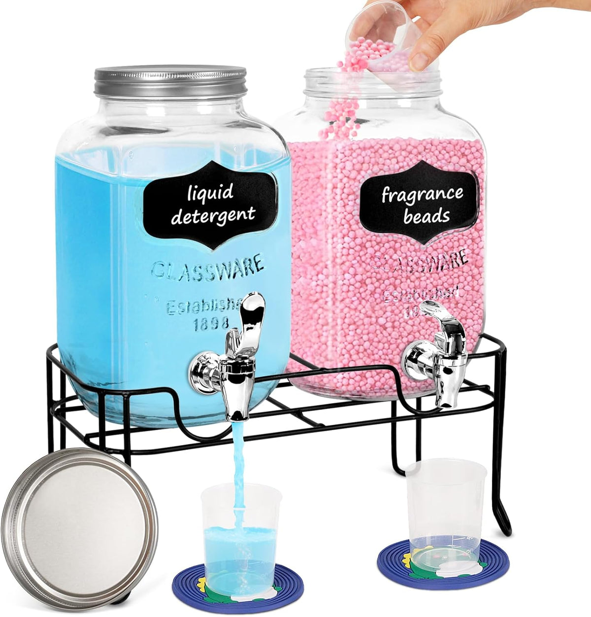 2-Pack 1 Gallon Glass Laundry Detergent Dispenser Set with Bamboo Lids and Stand - Liquid Soap and Fabric Softener Dispensers with Spigots, Cups, Labels and Mats, Laundry Room Organization and Storage