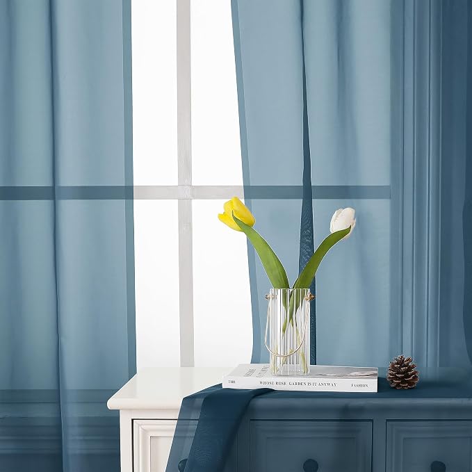 Dusty Blue Sheer Curtains 54 Inch Length 2 Panels, Light Filtering Voile - Image 7