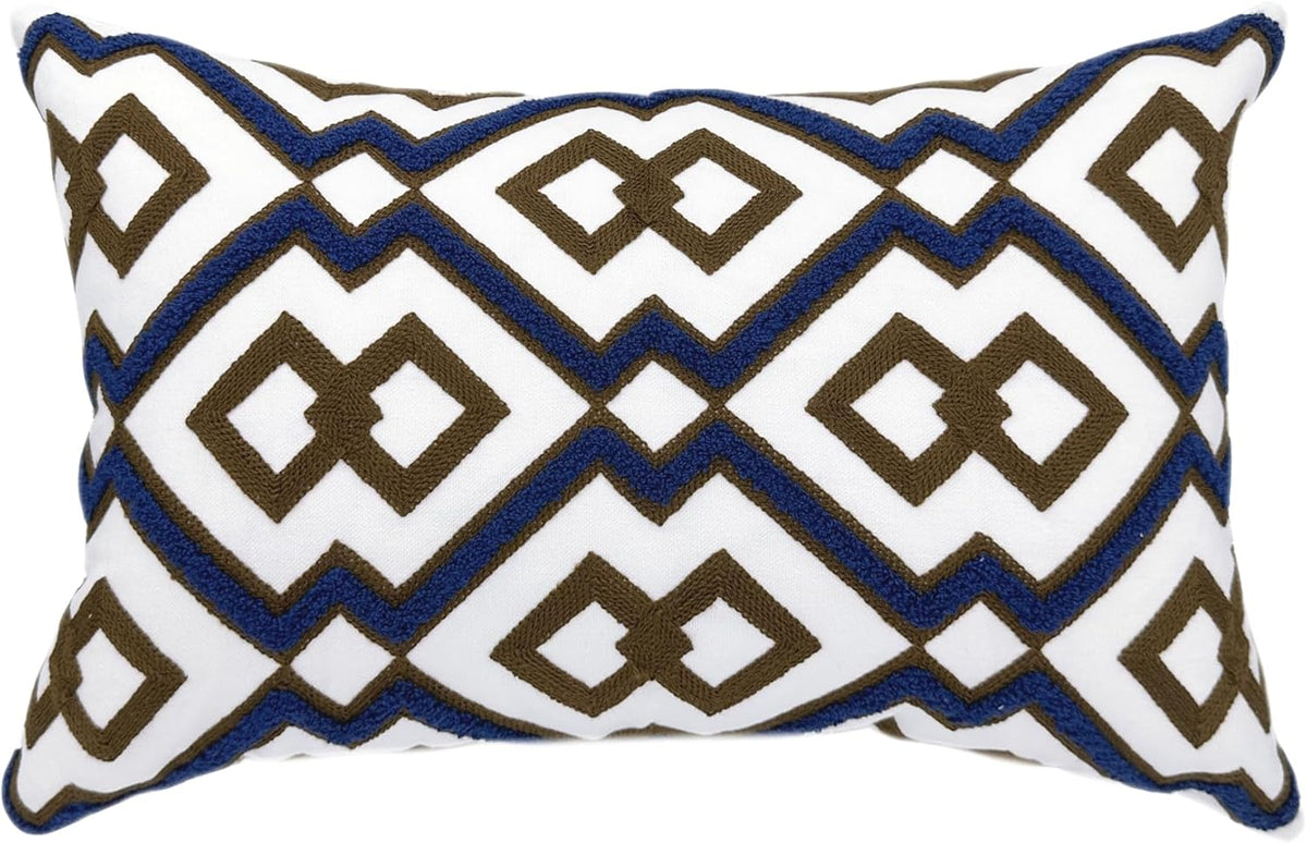 Alysheer Embroidered Lumbar Decorative Throw Pillow Cover 12"x 20", Classic Boho Geometric Embroidery Pattern Cotton Rectangular Cushion Case for Sofa Couch Living Room Bedroom(Blue Brown)