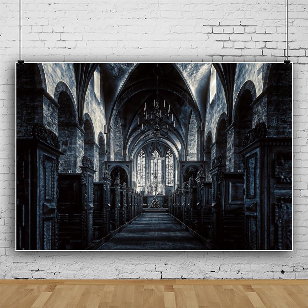 ChloropLastid 7x5ft Scary Church Halloween Backdrop Dark Black Horror Gothic Medieval Castle Interior Photography Background Halloween Night Carnival Theme Party Decor Banner Photo Studio Props