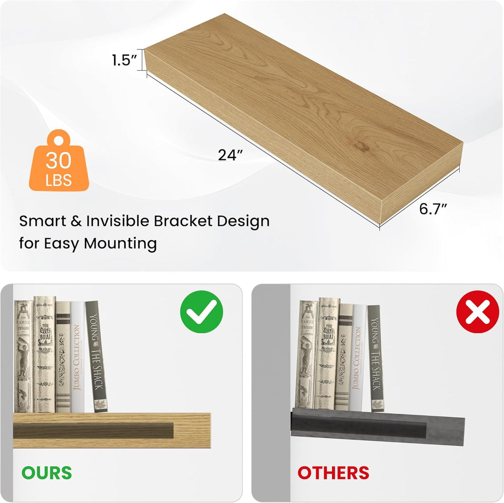 Floating Shelves for Wall, 24" W x 6.7" D x 1.5" H, Wooden Wall Mounted Display Shelves with Invisible Brackets for Living Room, Bedroom, Bathroom, Kitchen Decor and Storage, Set of 2, Oak
