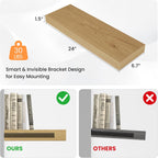 Floating Shelves for Wall, 24" W x 6.7" D x 1.5" H, Wooden Wall Mounted Display Shelves with Invisible Brackets for Living Room, Bedroom, Bathroom, Kitchen Decor and Storage, Set of 2, Oak