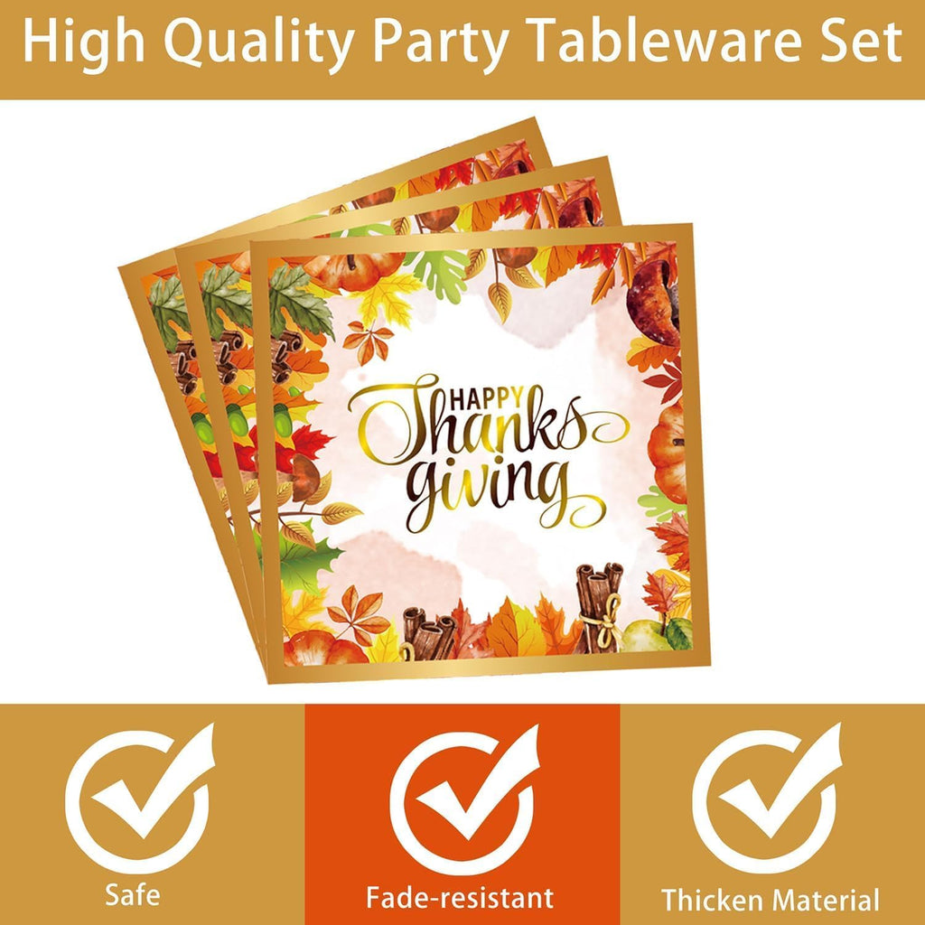 Thanksgiving Party Decorations Fall Party Supplies 96 PCS Fall Thanksgiving Disposable Dinnerware Set with Maple Leaves Gold Paper Plates Napkins and Forks for Harvest Celebrations