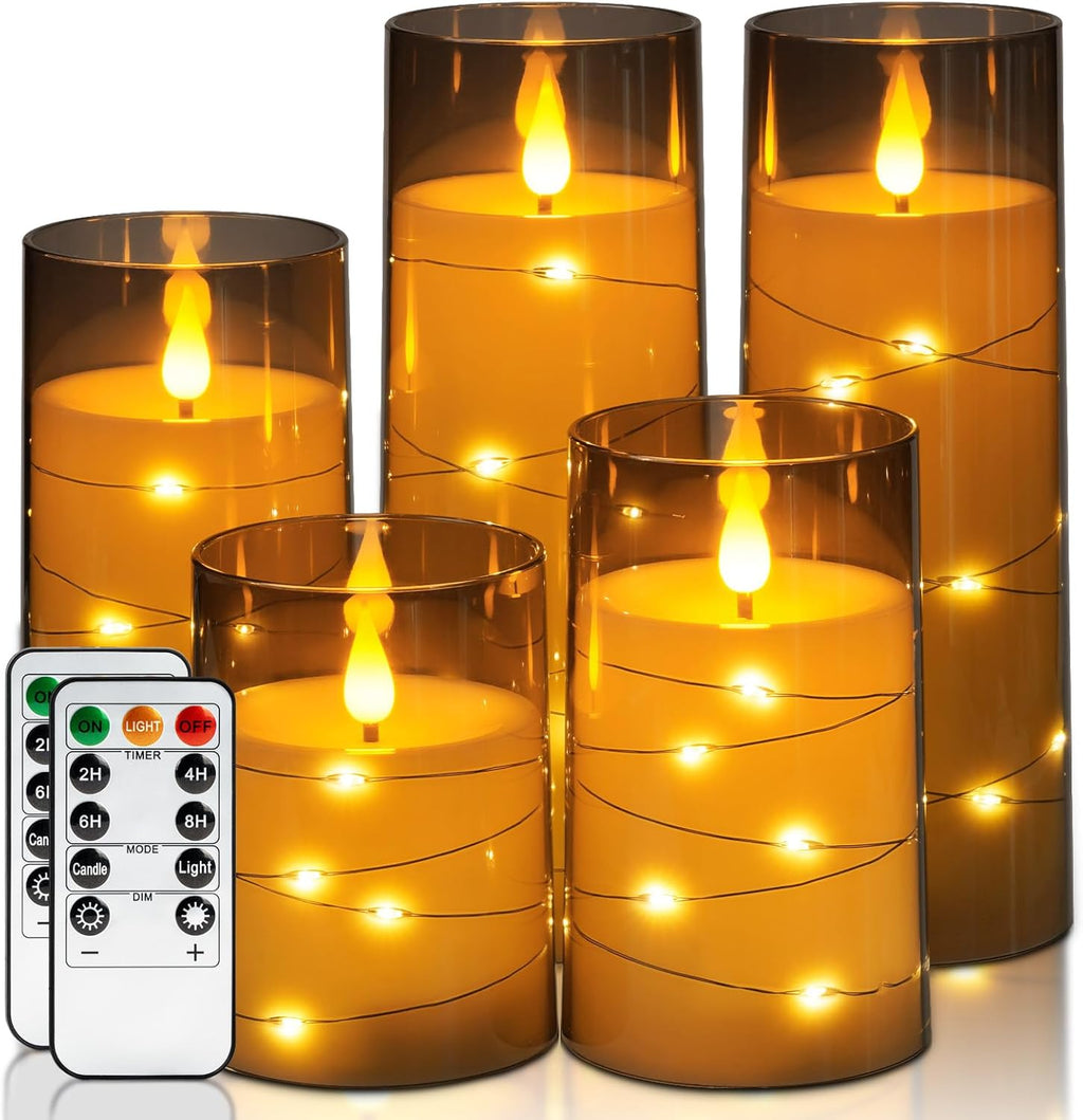 Homemory Flameless Candles with Embedded Star String Fairy Lights, Battery Operated Candles, LED Candle, Fake Candles with Remote Control and Timer for Halloween, Gray Acrylic, Set of 5(H4"5"6"8"8")