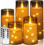 Homemory Flameless Candles with Embedded Star String Fairy Lights, Battery Operated Candles, LED Candle, Fake Candles with Remote Control and Timer for Halloween, Gray Acrylic, Set of 5(H4"5"6"8"8")