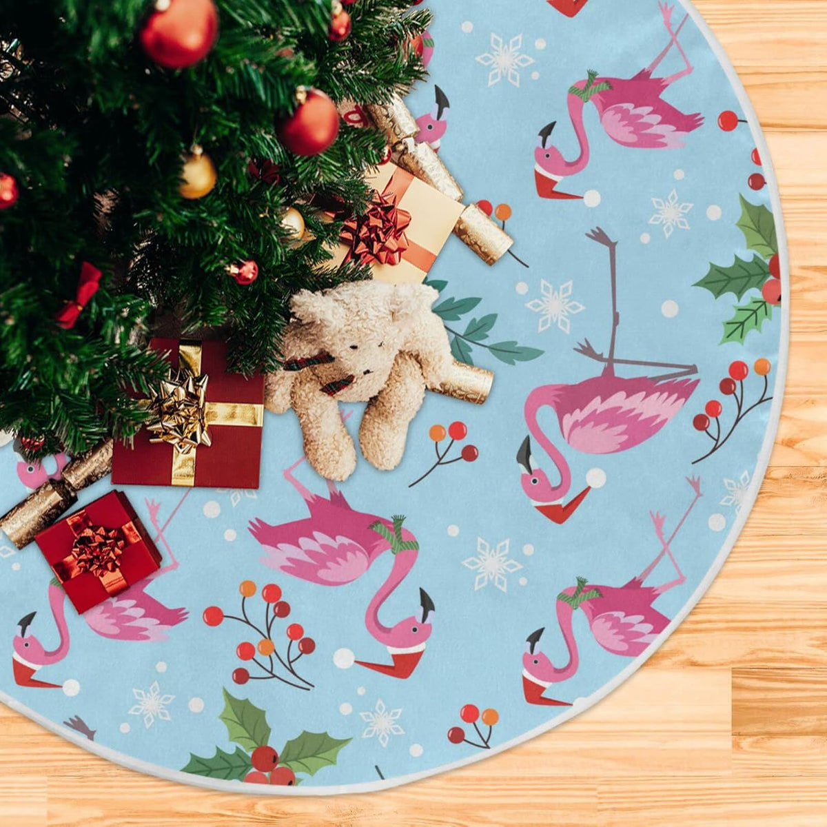 Christmas Flamingo Snowflake Tree Skirt, Seasonal Tree Mat Holiday Party Supplies Ornaments Indoor Outdoor Decorations for Tabletop Trees 35.4 Inches