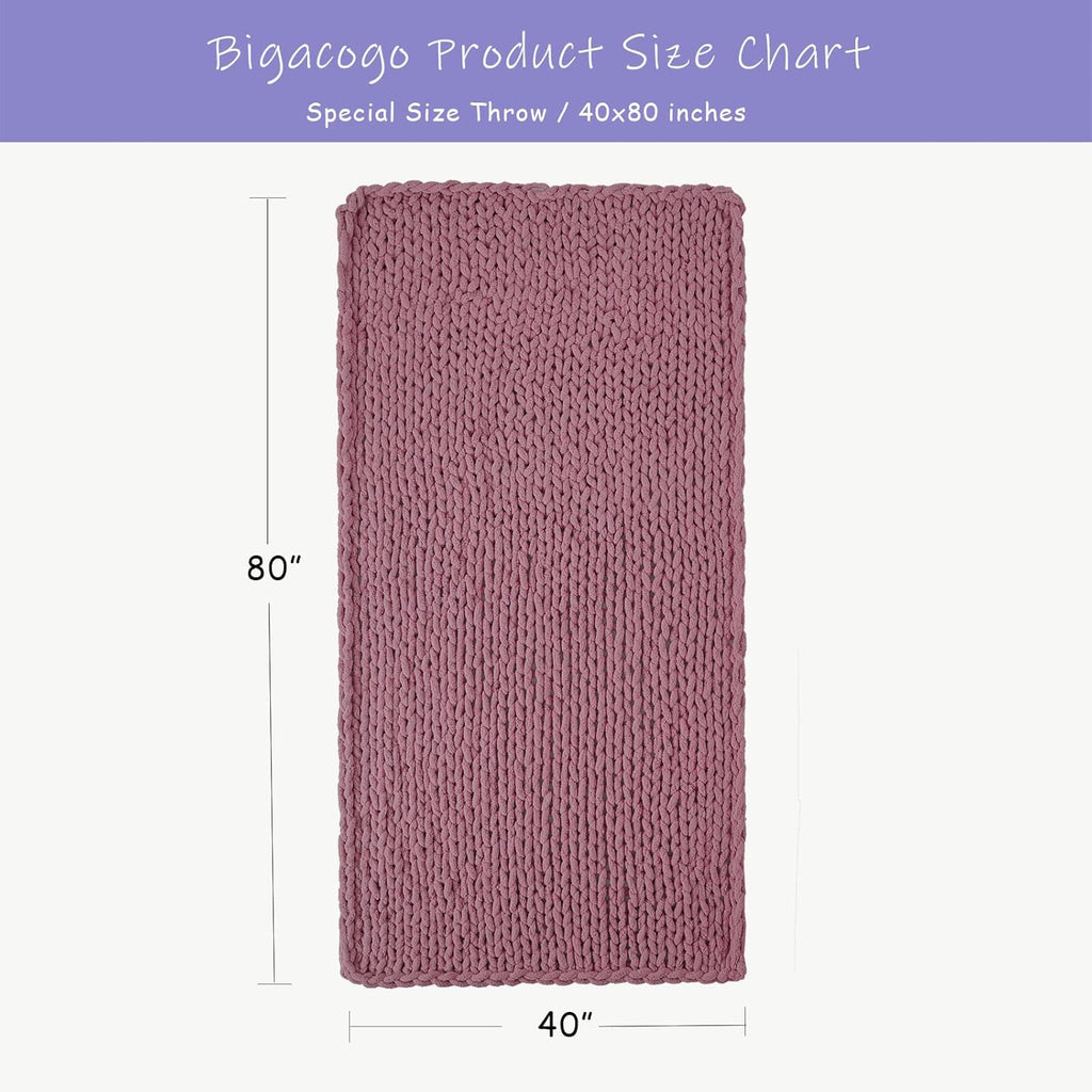 Bigacogo Chunky Knit Throw Blanket for Couch, 40x80 inches, 100% Hand Knitted with Thick Jumbo Chenille Yarn, Cozy Soft Large Rope Knot Cable Crochet Blankets for Sofa Bed Living Room, Burnt Rose