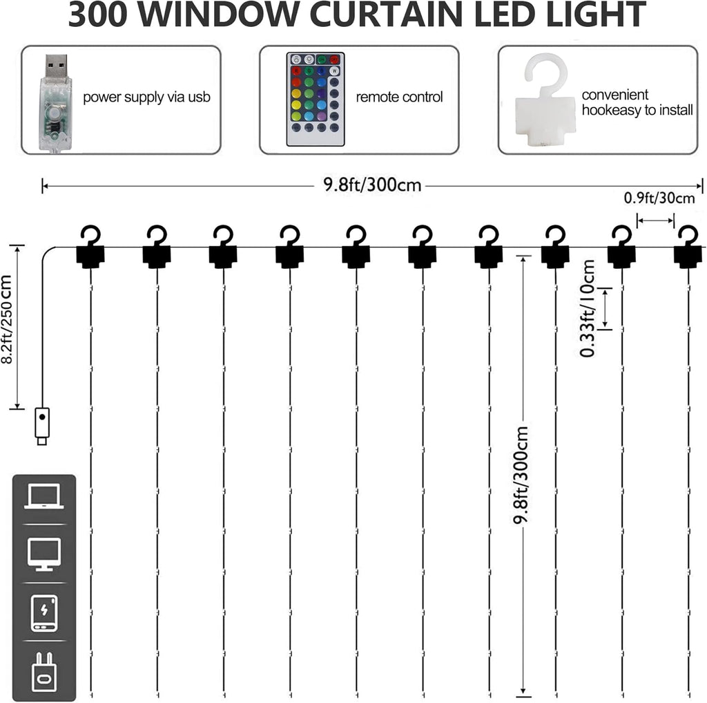 HOME LIGHTING Window Curtain String Lights, 300 LED RGB 16 Colors Changing Fairy Lights, 4 Modes with Remote, USB & Adapter Powered for Halloween Christmas Party Wedding Home Garden Wall Decorations