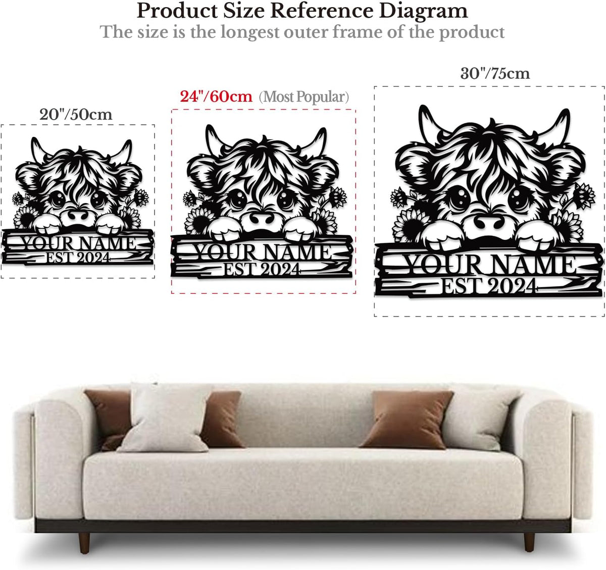 Personalized Highland Cow Name metal Signs,Custom Highland Cow Metal Shed Wall Decor,Black Metal Wall Art Plaques Outdoor wall Decorative Signage (Style D)
