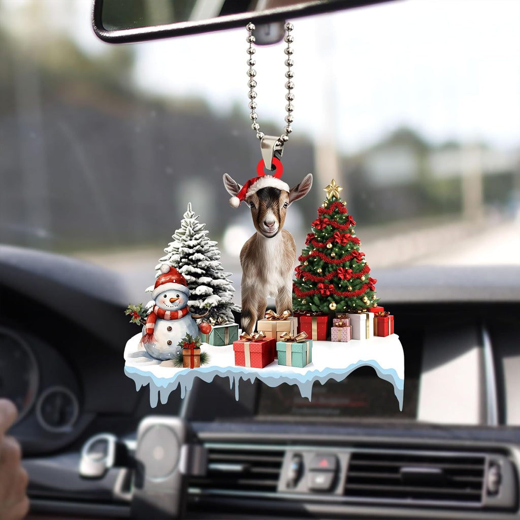 Talataca Goat 2D Flat Christmas Ornament, Goat Gift Boxes Pine Tree Decor, Hanging House Charm Eve Keepsake, Car Rear View Mirror Accessories, Xmas Gift