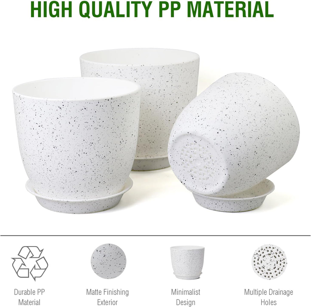 Large Flower Pots 12/10/9 inch, Set of 3 Modern Decorative Plastic Planters with Drainage Holes and Saucers for Garden House Plants, Plant Pots for Indoor Outdoor Plants, Speckled White