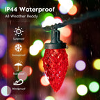 Brightown Red and Warm White C9 LED Christmas String Lights, 33ft 50 LED Waterproof Strawberry String Lights, Plug-in Extendable Green Wire Lights String for Outdoor Indoor Patio Party Decoration
