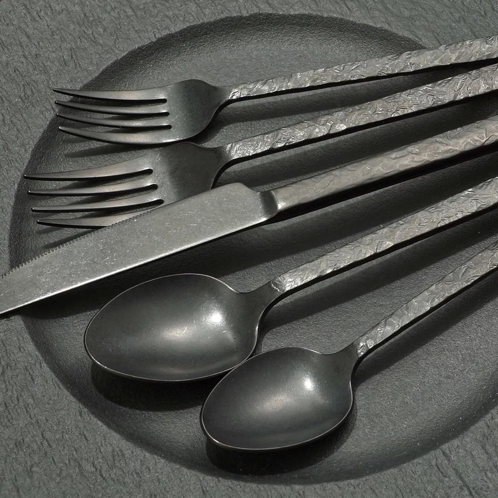 KINGSTONE 60 Pcs Black Hammered Silverware Set for 12, 18/10 Stainless Steel Heavy Duty Flatware Set, Tableware Cutlery Utensil Sets for Home Restaurant Dishwasher Safe