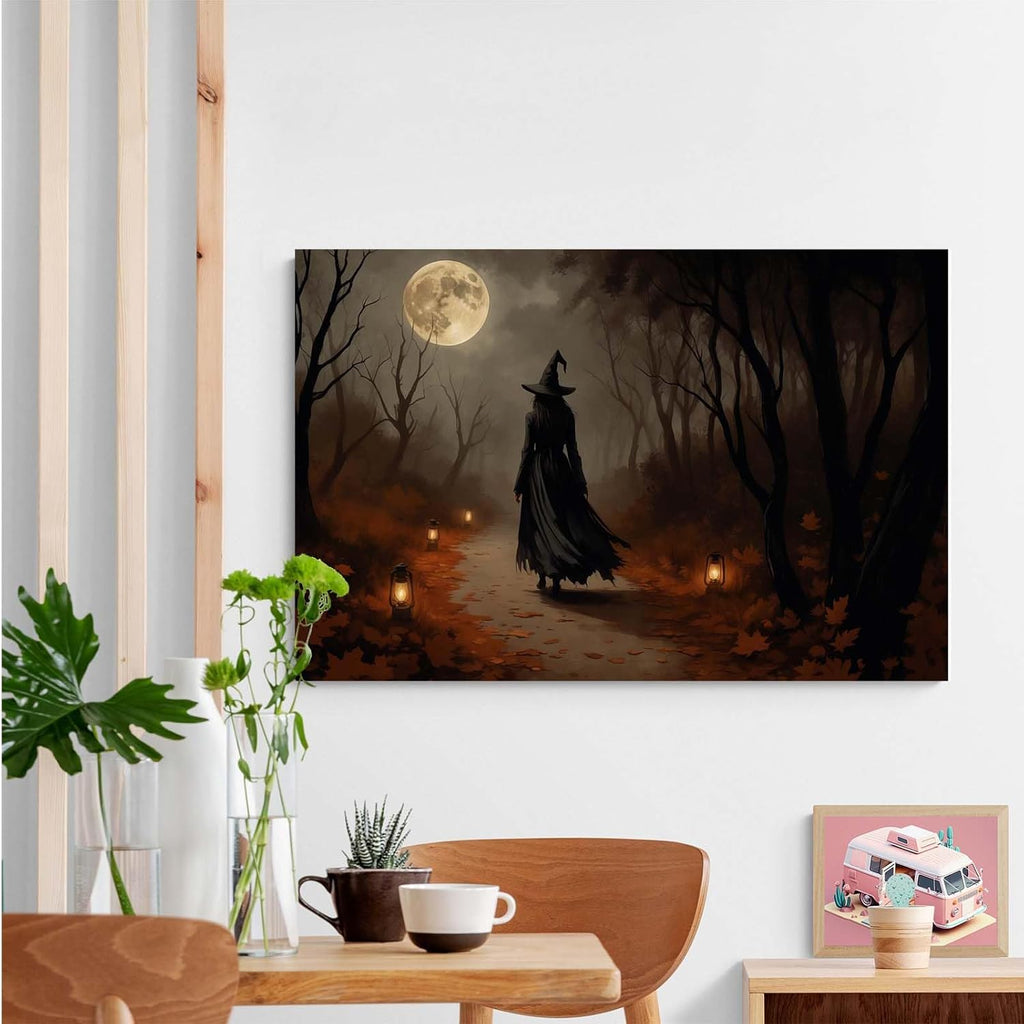Moonlight witch poster dim lantern Halloween decoration Gothic style dark retro college style canvas wall art suitable for living room bedroom24x36in Wood Framed