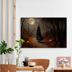 Moonlight witch poster dim lantern Halloween decoration Gothic style dark retro college style canvas wall art suitable for living room bedroom24x36in Wood Framed
