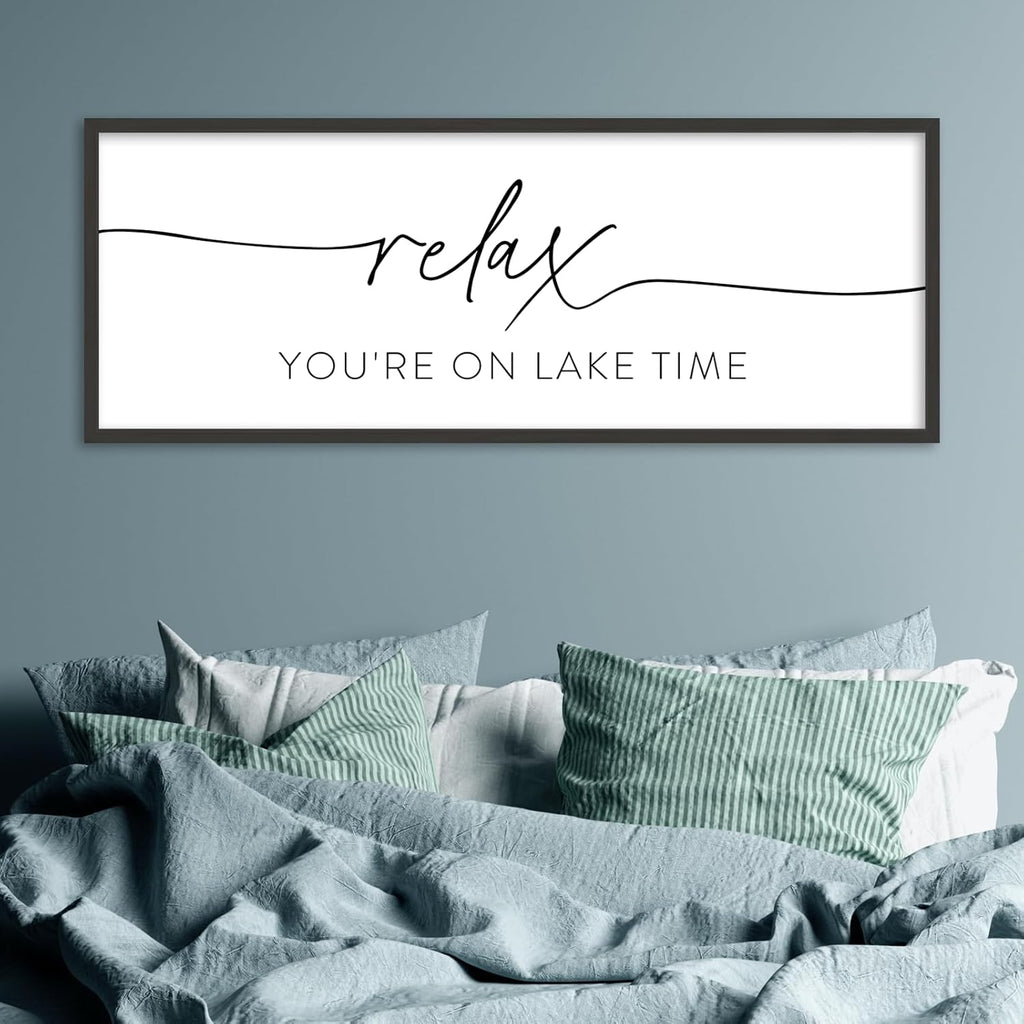 SRSZHIYUE Relax You're On Lake Time Wall Decor Above Bed Sign 40"×15" for Lake House Bedroom Over Bed Large Wood Framed Hanging Art (Black)