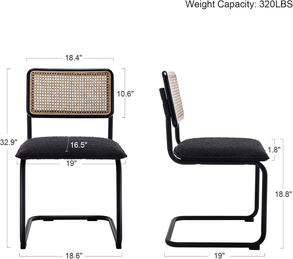 Mid Century Modern Rattan Dining Chairs Set of 4, Boucle Kitchen Chairs with Handwoven Mesh Rattan Backrest and Metal Legs, Upholstered Accent Side Chairs, Black