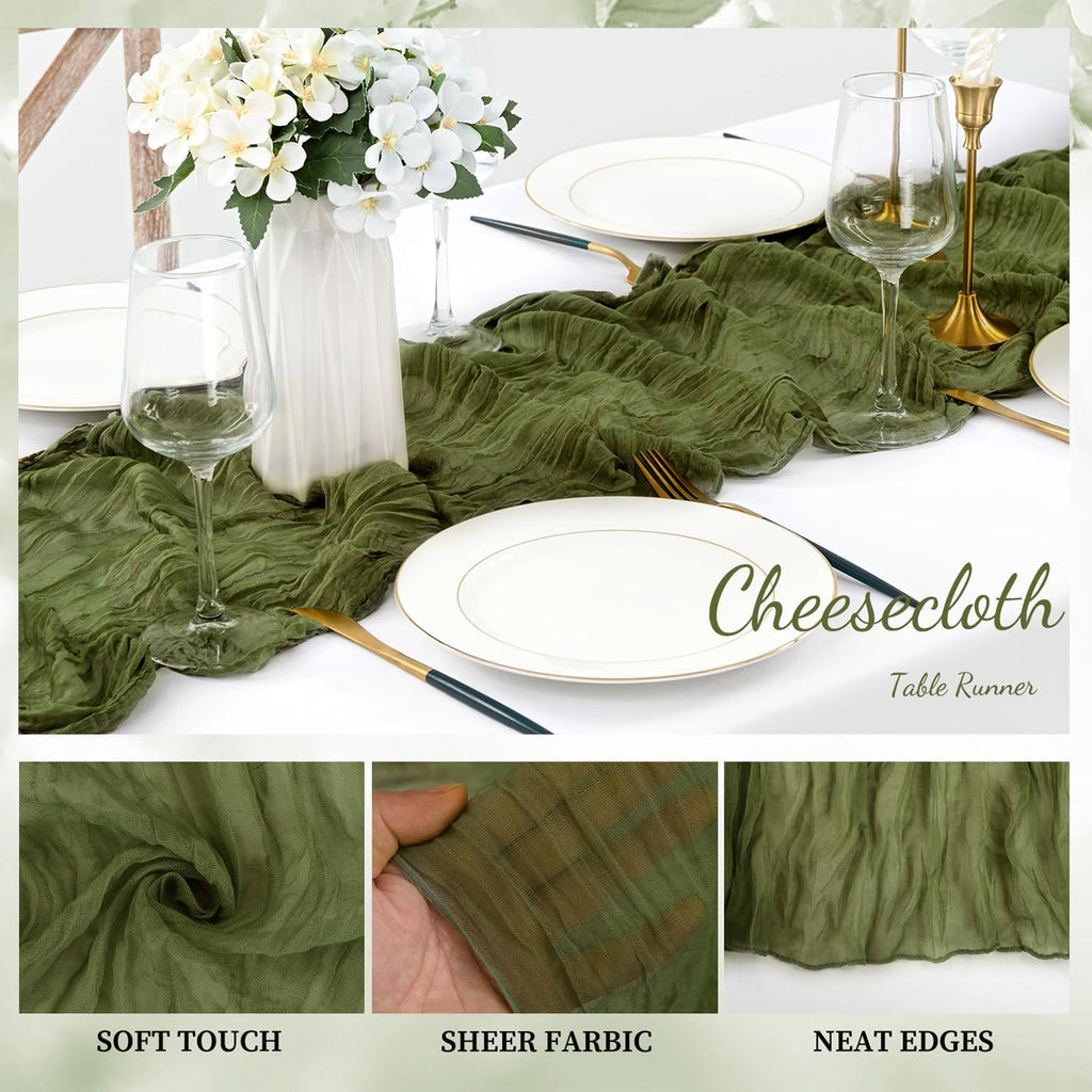 6 Pack Olive Green 10FT Cheesecloth Table Runner Rustic Gauze Cheese Cloth Table Runner for Wedding Bridal Baby Shower Table Decorations Boho Fabric Sheer Birthday Party Decor 20 x 120 Inch Long