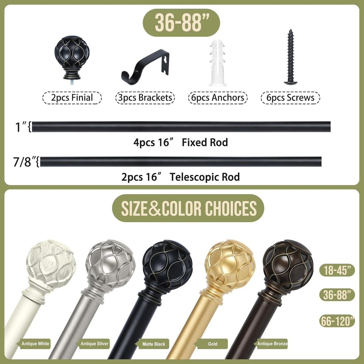 Black Adjustable Curtain Rods for Windows:36-88" Farmhouse Heavy Duty Curtain Rod for Bedroom Living Room,Boho Decorative Rustic Drapery Rods with Vintage Coastal Texture Finial,Matte Black