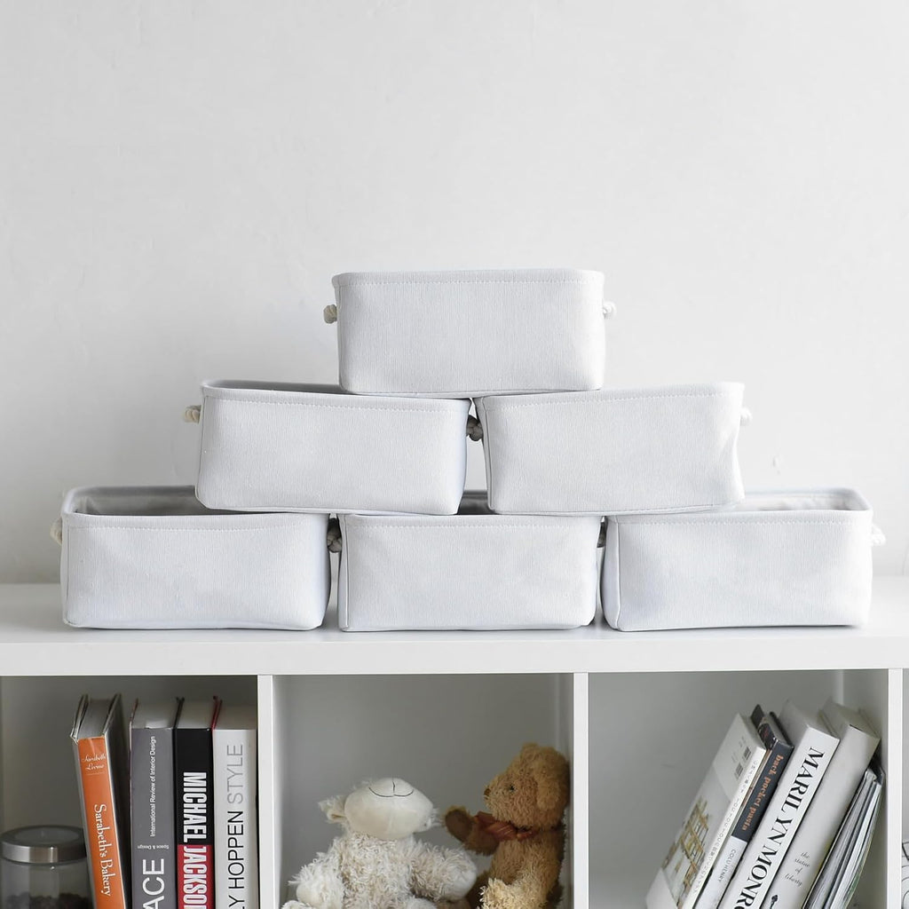 TheWarmHome Storage Basket for Organizing - Small 6 Pack 11.8x7.8x5.2 inch Gifts for Empty with Rope, Fabric Storage Cubes for Decorative Cloth Dog Livehome (White)