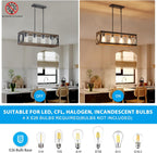 XINGQI Rectangle Chandeliers 31.5" Farmhouse Kitchen Island Lighting Fixture Over Table Modern Vintage Linear Hanging 4-Light for Dining Room Living Room Black Wood Grain Finish with Glass Lampshade