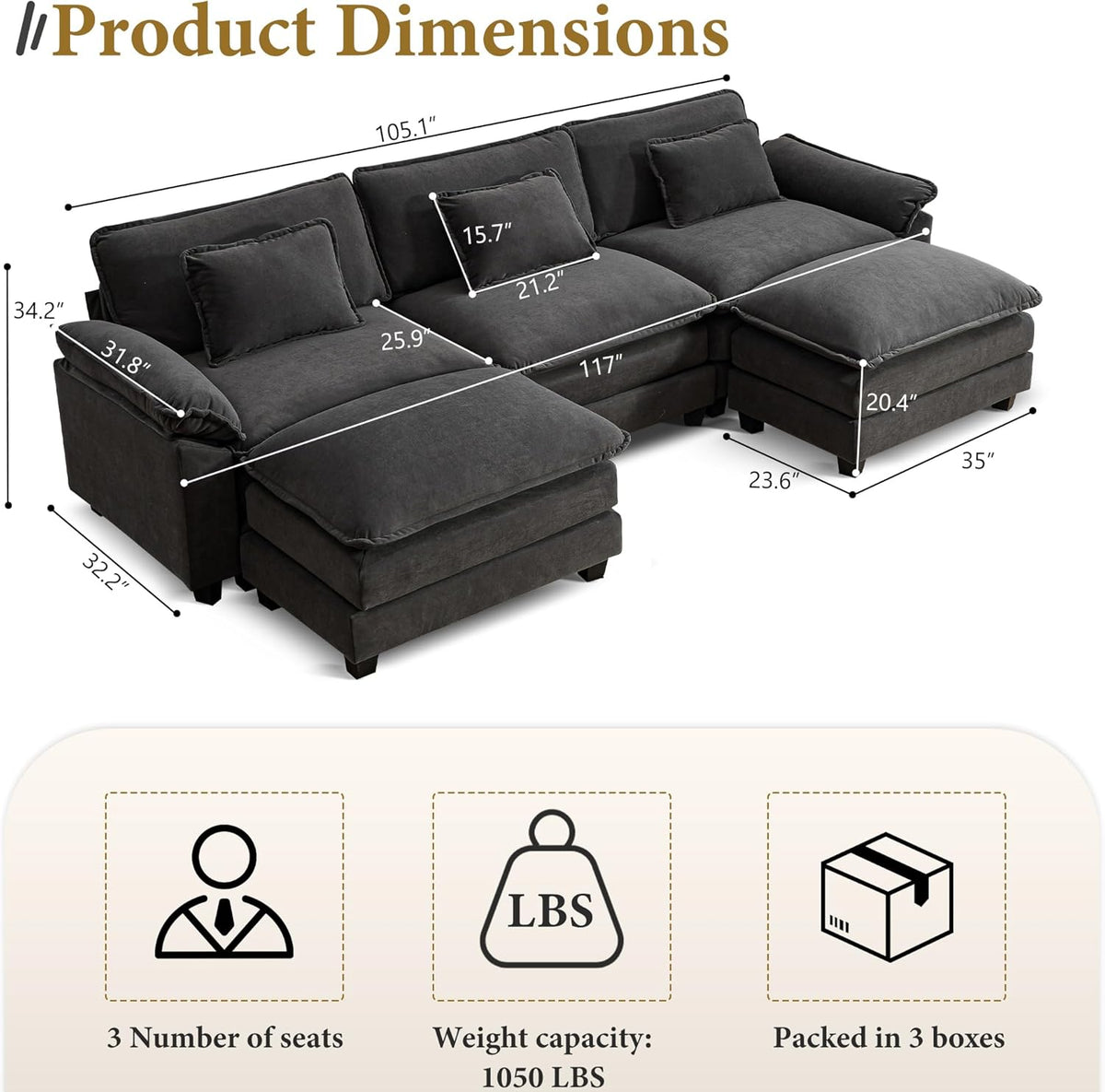 URRED Modular Sectional Sofa Comfy Cloud Couch, Modern Velvet Sofa Sleeper Deep Seat Couches with Ottoman/Pillows for Living Room (Dark Gray, 117'' - U Shape)
