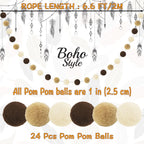 Jishi Pom Pom Garland Boho Party Decorations, 3-Pack Brown Khaki Beige Felt Ball Garland Cute Pastel Rainbow Pompom Strings, Christmas Birthday Wedding Rustic Boho Home Decor Supplies, Xmas Tree Decor