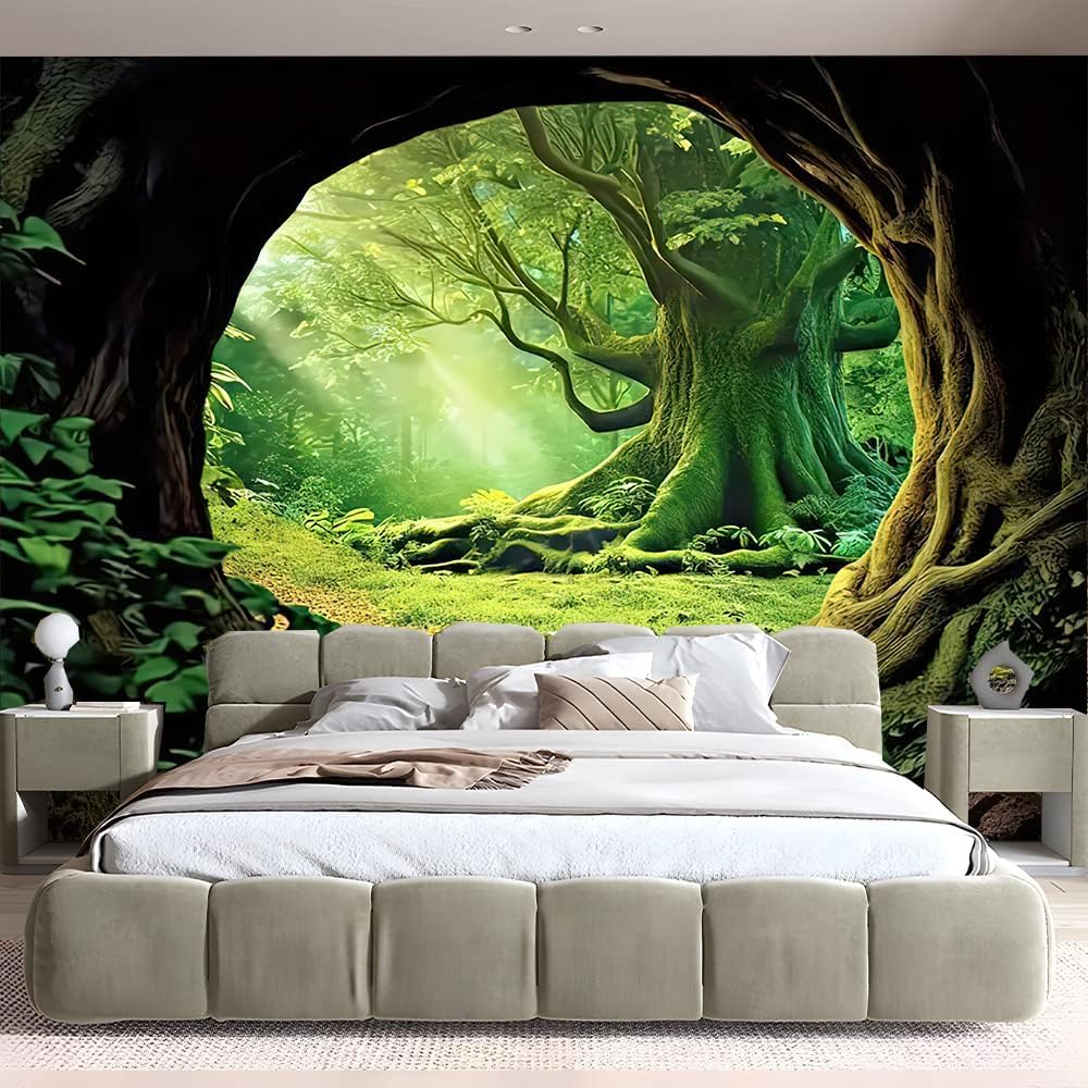 FENDROM Tree Cave Tapestry,Misty Forest Fairy Tale Wall Hanging Natural Jungle Sunshine Through Scenery Aesthetic tapestries for Living Room Bedroom Office Spring Decoration