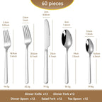 60 Piece Stainless Steel Silverware Set for 12, 18/10 Silverware Set, Flatware Set for 12, 18/10 Stainless Steel Flatware, Dishwasher Safe