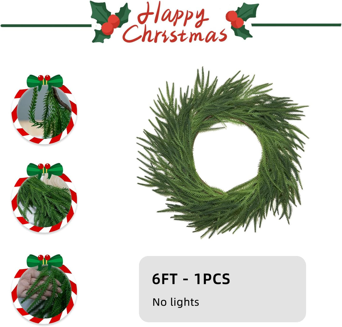 6FT Artificial Norfolk Pine Garlands, Real Touch Winter Christmas Pine Tree Wreath, Green Artificial Greenery Garland for Christmas Holiday Seasonal Indoor Home Decor Mantle