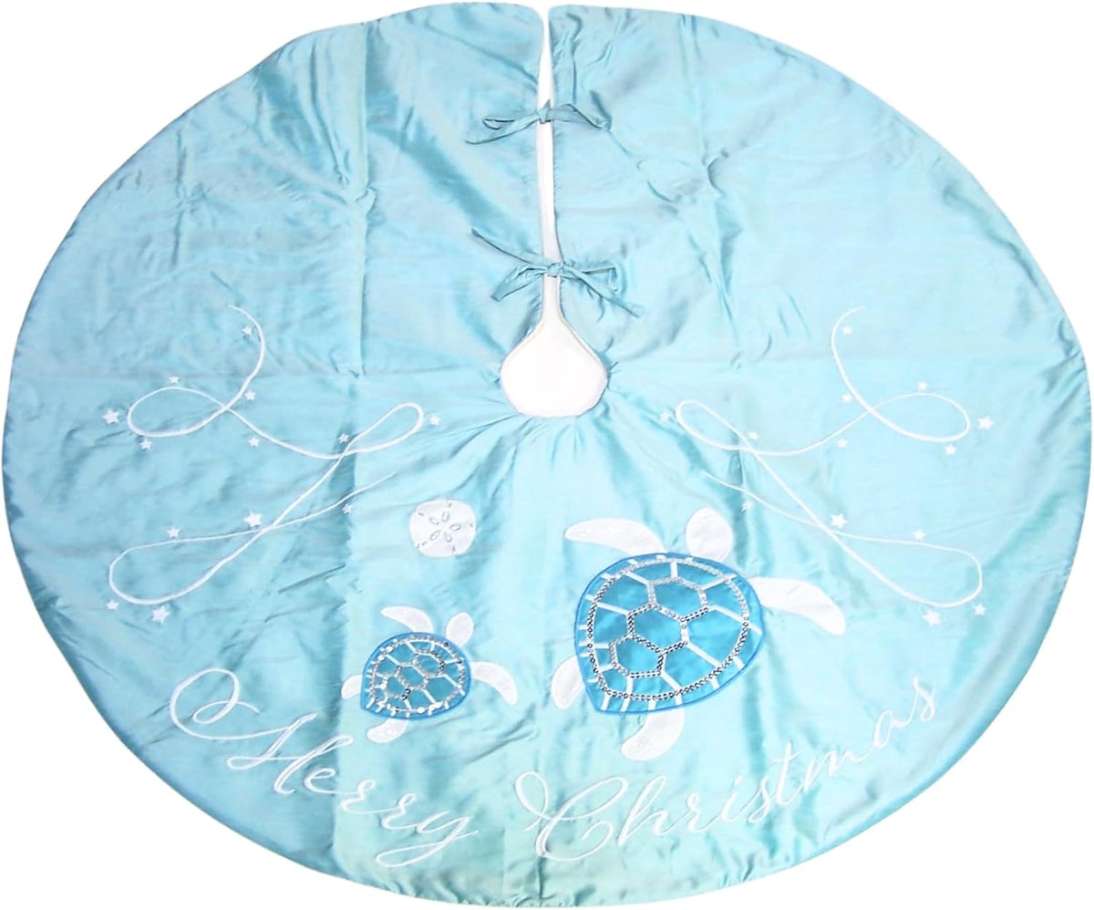 Merry Christmas Sequin Turtle Tree Skirt, 42 Inches, Turquoise and White