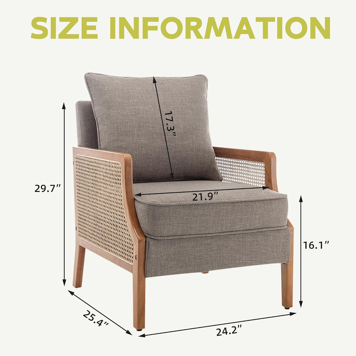 HAOBO Home Mid Century Modern Accent Chair Upholstered Living Room Chairs Armchair with Rattan Armrest Comfy Reading Chair with Wood Frame Lounge Side Chair with Waist Cushion
