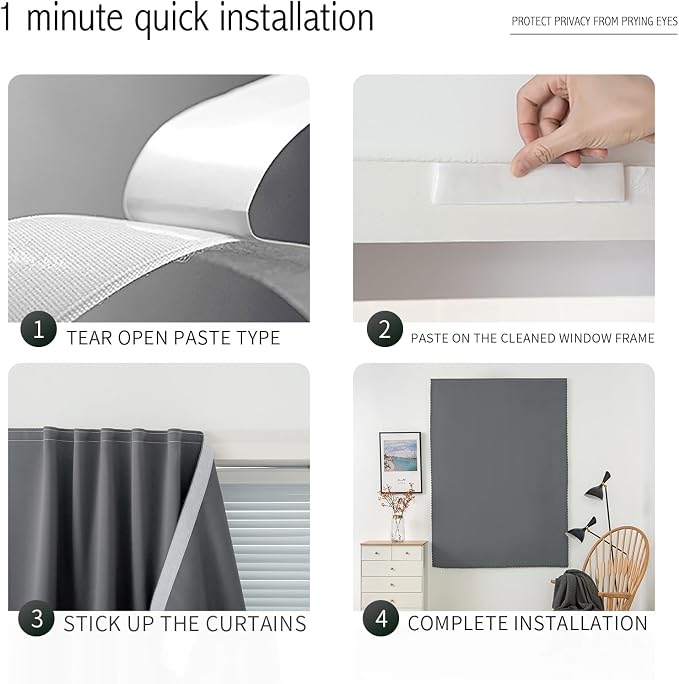 Room Darkening Curtains with Adhesive Backing Tool Free Hanging Window Drapes - Image 3