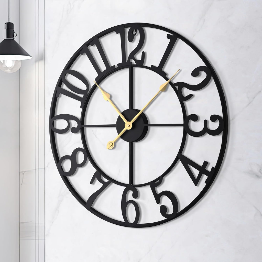 LEIKE Large Wall Clock, 24" Silent Non-Ticking, Battery Operated, Oversized, Decorative Retro Black Metal Clock for Living Room,Farmhouse, Dinner Room,Indoor, Outdoor Decor(60cm, Black Arabic Number)