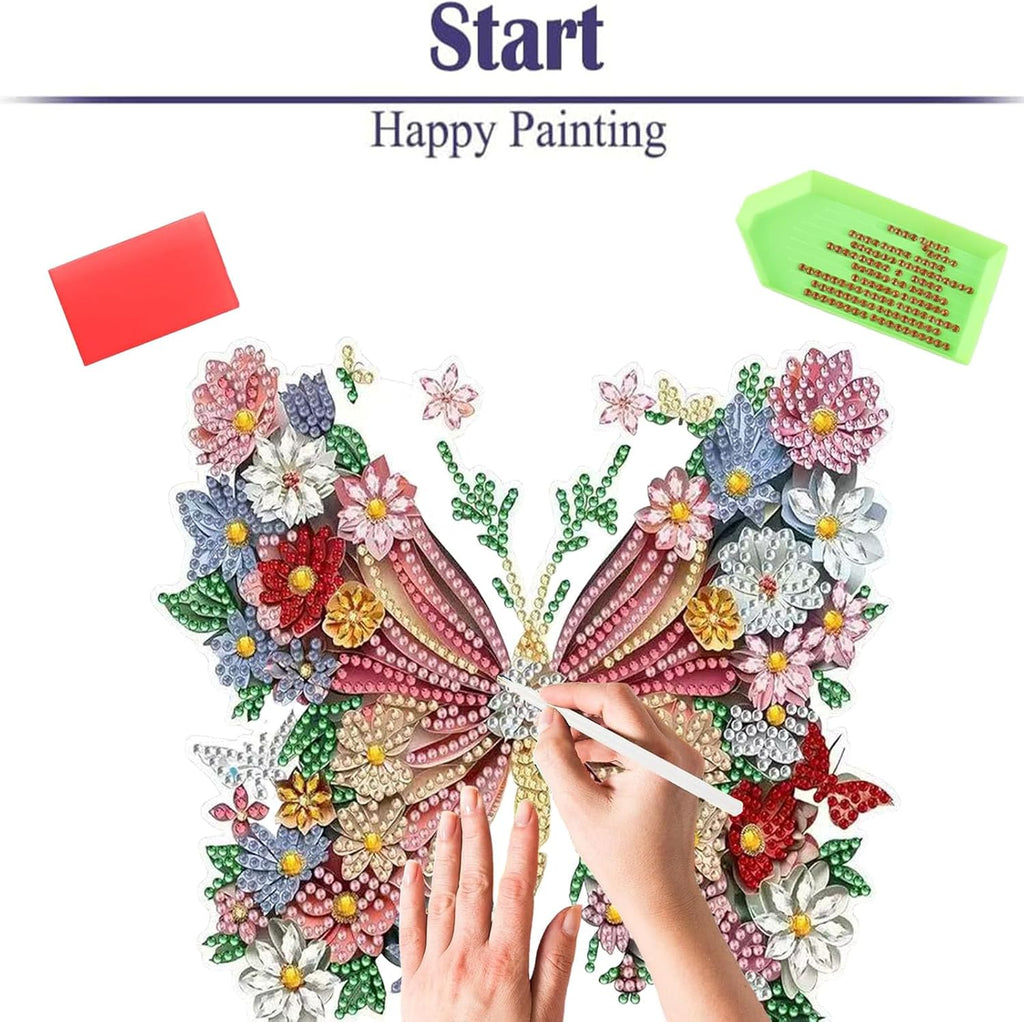 Diamond Painting Kits for Adults Beginners, 5D Full Drill Flowers and Butterflies Crystal Art Desktop Ornament, DIY Single Sided Home Office Desk Decor, Creative Craft Gift Set with Tools