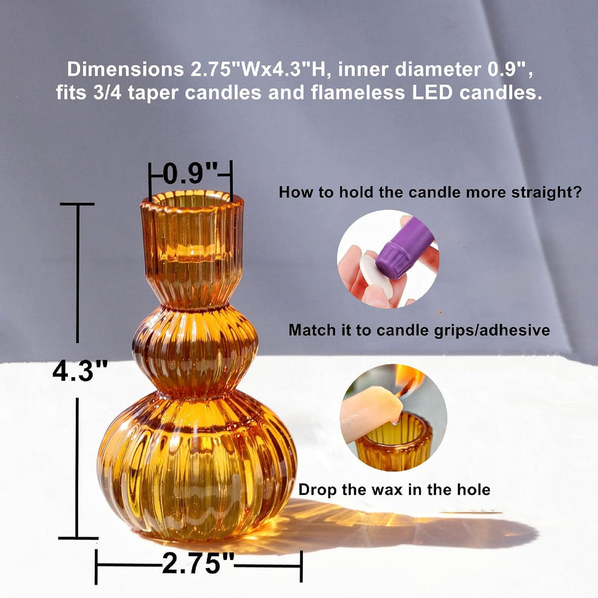 Woho Amber Taper Candle Holders 4.3" H for Halloween/Thanksgiving Decorations, Set of 3 Ribbed Glass Candlestick Holders Vintage for Fall Wedding, Boho Candle Sticks Holder Decor for Dining Table