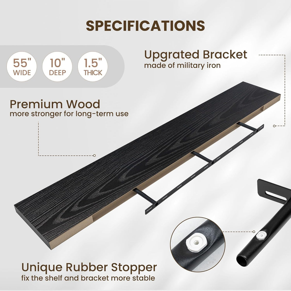 Fun Memories 55 Inch Fireplace Mentel Shelf, 10 Inch Deep Shelves for Display & Wall Storage, Rustic Wood Wall Shelf, Extra Long Floating Shelves for Living Room Laundry Room, Black, Set of 1