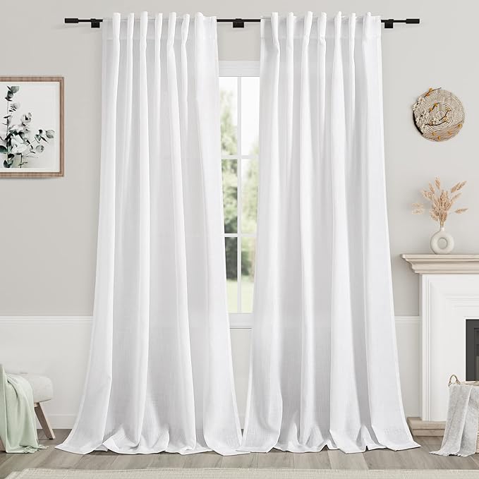 White Linen Curtains for Living Room Farmhouse Light Filtering Semi Sheer Linen by Nanspring