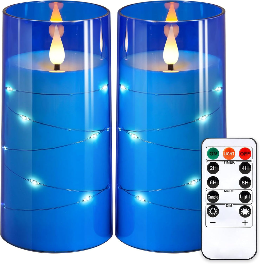 NURADA 3"x6"Flickering Flameless Candles: Built-in Star String 3D Wick Battery Operated LED Candles with Remote and Timer for Wedding Valentine's Day Decor, Blue 2 Pack