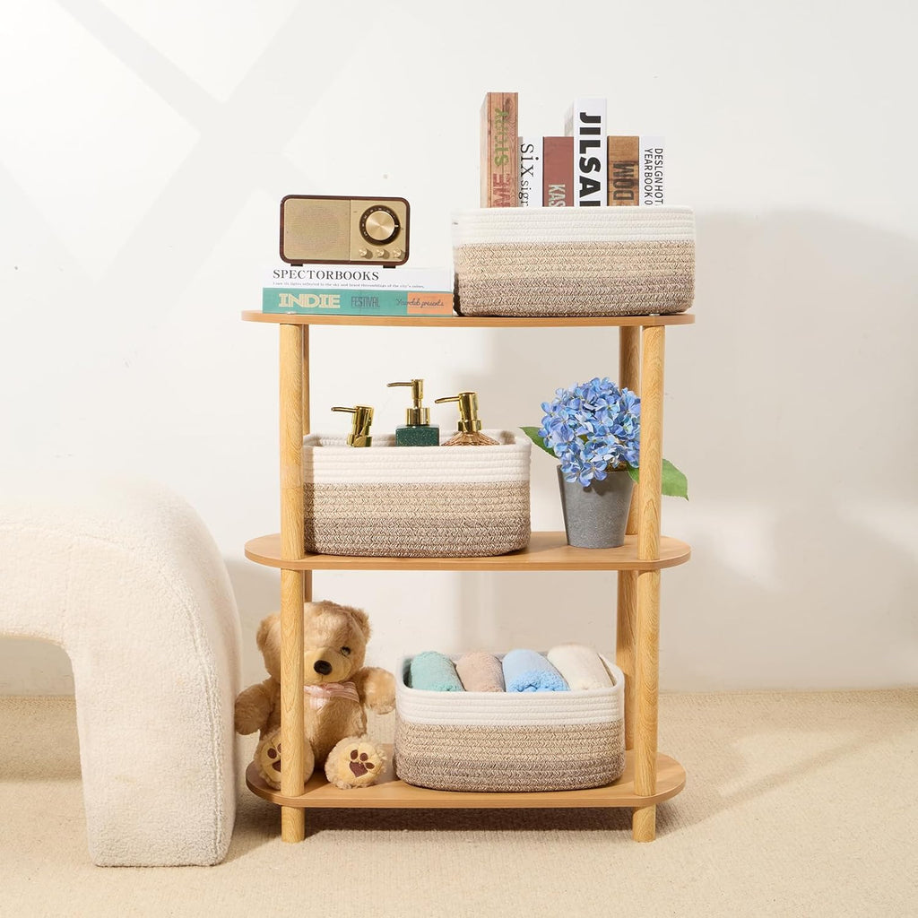 Small Storage Baskets for Organizing | Closet Organizer Bins | Shelf Toy Basket | Woven Rope Baskets | Cube Decorative Box | Shallow Basket | 13x8.5x5.1” | 3 Packs Gradient Brown